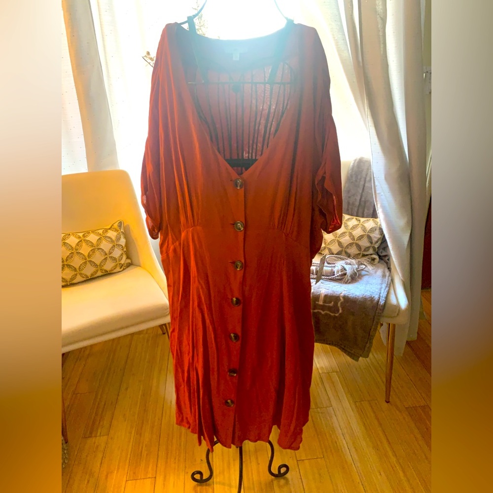 BP Short Sleeve V Neckline Button Down Front Rust/Brown Sz 2x Mini Dress NWT